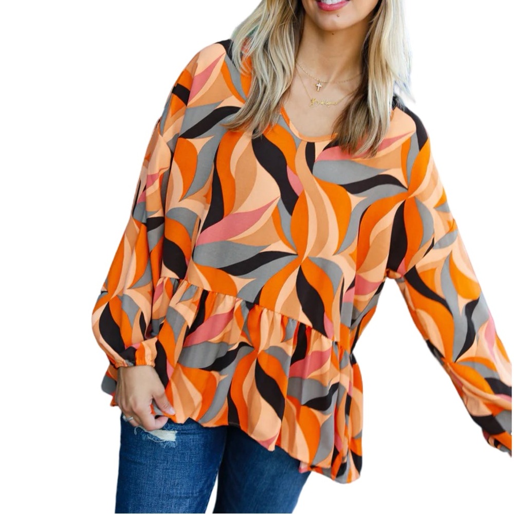NEW HAPTICS RUST ABSTRACT PRINT V NECK PEPLUM TOP - Picture 5 of 10